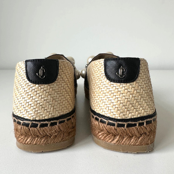 Jimmy Choo Dru Espadrilles Raffia Flats with Pearls in Natural/Black Size 37 - Picture 9 of 16